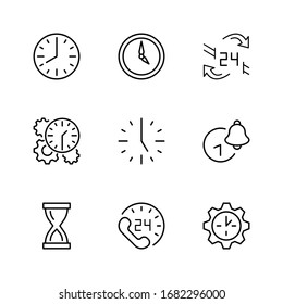 Juego de iconos de línea de vectores de tiempo. Contiene iconos como Timer, Speed, Alarm, Restore, Time Management y más. Trazo editable. 32 x 32 píxeles