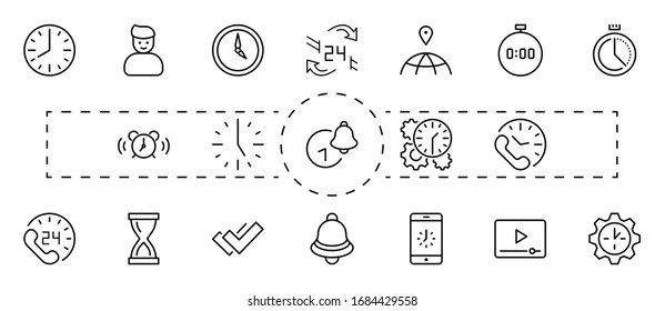 Set of Time Vector Line Icons. Contains such Icons as Timer, Speed, Alarm, Restore, Time Management and more. Editable Stroke. 32x32 Pixels