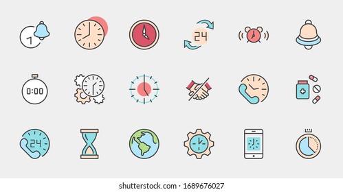 Set of Time Vector Line Icons. Contains such Icons as Timer, Speed, Alarm, Restore, Time Management and more. Editable Stroke. 32x32 Pixel Perfect