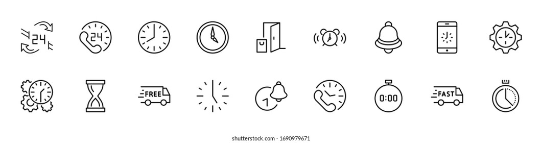 Set of Time Vector Line Icons. Contains such Icons as Timer, Speed, Alarm, Restore, Time Management and more. Editable Stroke. 32x32 Pixels