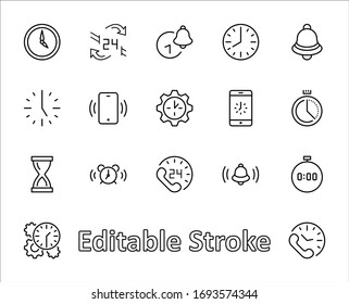 Juego de iconos de línea de vectores de tiempo. Contiene iconos como Timer, Speed, Alarm, Restore, Time Management y más. Trazo editable. 32 x 32 píxeles