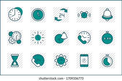 Set of Time Vector Line Icons. Contains such Icons as Timer, Speed, Alarm, Restore, Time Management and more. Editable Stroke. 32x32 Pixel Perfect