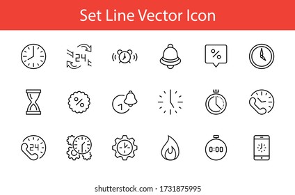 Juego de iconos de línea del vector de tiempo. Contiene iconos como Timer, Speed, Alarm, Restore, Time Management y más. Stroke editable. 32x32 píxeles