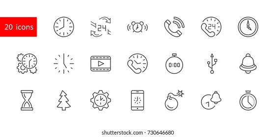 Set of Time Vector Line Icons. Contains such Icons as Timer, Speed, Alarm, Restore, Time Management and more. Editable Stroke. 32x32 Pixel Perfect