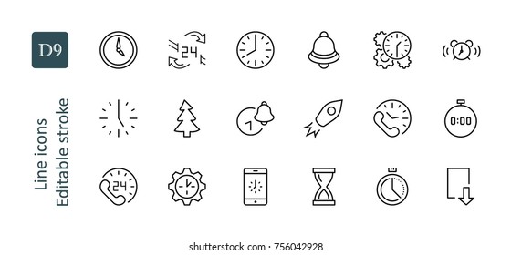 Set of Time Vector Line Icons. Contains such Icons as Timer, Speed, Alarm, Restore, Time Management and more. Editable Stroke. 32x32 Pixel Perfect