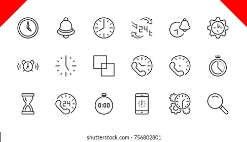 Set of Time Vector Line Icons. Contains such Icons as Timer, Speed, Alarm, Restore, Time Management and more. Editable Stroke. 32x32 Pixel Perfect