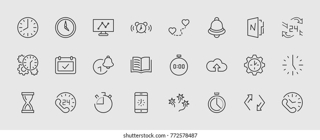 Set of Time Vector Line Icons. Contains such Icons as Timer, Speed, Alarm, Restore, Time Management and more. Editable Stroke. 32x32 Pixel Perfect