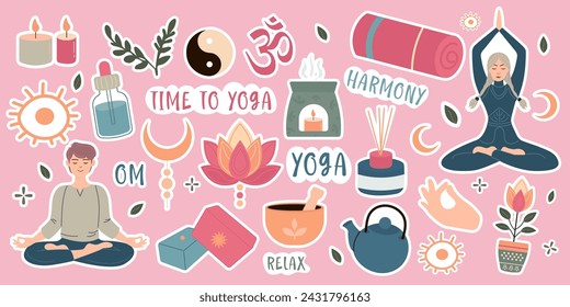 Set of time yoga stickers in flat style