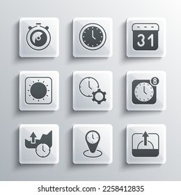 Set Time zone clocks, Sunrise, Alarm app mobile, management, Stocks market growth graphs, Stopwatch and Calendar icon. Vector