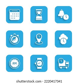 Set Time zone clocks, Wrist watch, Delivery truck and time, Clock, Morning, Stopwatch, Alarm and Calendar icon. Vector