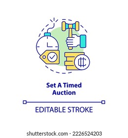 Icono de concepto de subasta temporal. Período limitado de apuestas. Forma de venta de imágenes de línea delgada de idea abstracta por parte de las NFT. Dibujo de contorno aislado. Trazo editable. Fuentes Arial, Myriad Pro-Bold utilizadas