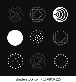 A set of timeless abstract vector, technology icons, symbols logos. Cool minimalist style geometric illustrations, design elements. Black white gray scale anthracite. Circle hexagon linear dots spiral