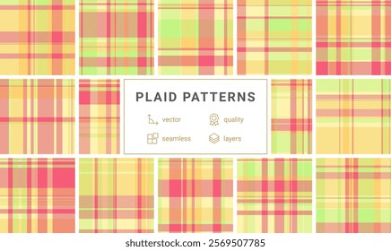 A set of timeless plaid textile designs featuring geometric squares, ideal for fabric, material, or stylish British-inspired fashion prints.