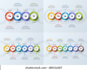 Set of timeline business infographic templates with 4-7 steps, processes, parts, options. Vector illustration.