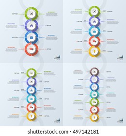 Set of timeline business infographic templates with 4-7 steps, processes, parts, options. Vector illustration.