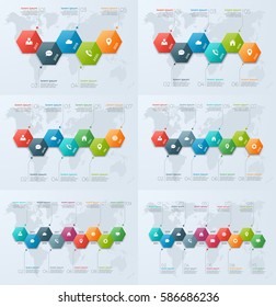 Set of timeline chart infographic templates with 5-10 options for presentations, advertising, layouts, annual reports, web design.