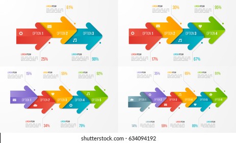 Set Of Timeline Chart Infographic Templates With Arrows. 3-6 Options, Steps, Parts, Processes. Vector Illustration.