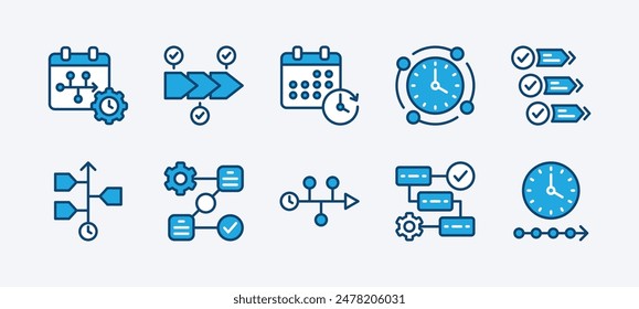 Satz von Zeitachsensymbolen. Enthält Richtlinie, Workflow, Informationen, Fortschritt, Schritt, Verwaltung, Zeitplan, Hierarchie, Infografik, Organisation, Verfahren, System, Schema für Ereignis. Vektorillustration