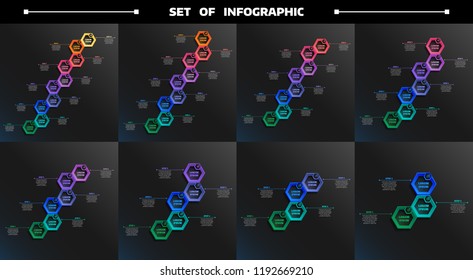 Set of timeline infographics with colorful hexagons. Business concept. 3,4,5,6,7,8,9,10 options, parts, steps. Can be used for graph, diagram, chart, workflow layout, number options, web. Vector.