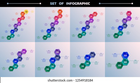 Set of timeline infographics design with colorful hexagons. Business concept. 3,4,5,6,7,8,9,10 options, parts, steps. Can be used for graph, diagram, chart, workflow layout, number options, web.
