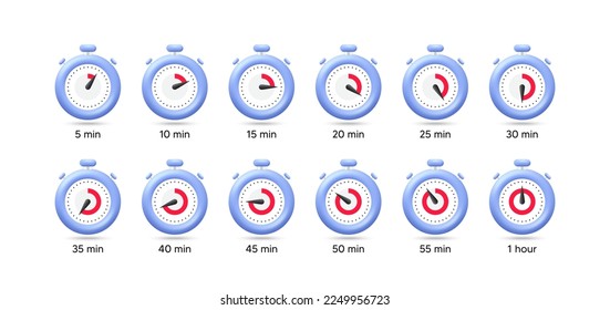 Set von Timer-3d-Symbolen. Stoppen Sie die Beobachtung isolierter Symbole mit Zeit von 5 Minuten bis 1 Stunde. Countdown-Timer für Kochen oder Sport. 3D-Stopp-Uhr-Uhrzeitsammlung. Vektorgrafik