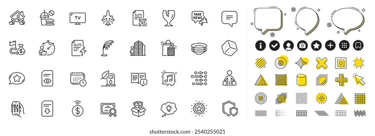 Set of Timer, Certificate and Order line icons for web app. Design elements, Social media icons. Tv, Favorite chat, Download file icons. Agent, Petrol station, Buyer signs. Vector