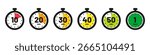 Set of timer clock faces and stopwatch icons. The countdown timer displays minutes from red to green. The stopwatch shows intervals ranging from 10 to 60 minutes. Kitchen timer icon. Vector