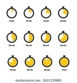 Set of timer clock faces and stopwatch icons. The countdown timer displays hours and minutes. Stopwatch shows intervals ranging from 5 to 60 minutes. Kitchen timer icon with minutes. Vector