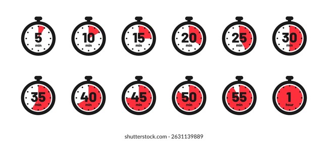 Set of timer clock faces and stopwatch icons. The countdown timer displays hours and minutes. Stopwatch shows intervals ranging from 5 to 60 minutes. Kitchen timer icon with minutes. Vector