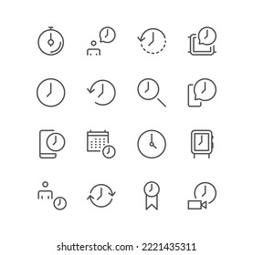 Set of timer and clock icons, date, working, schedule, date settings, meeting and linear variety vectors.
