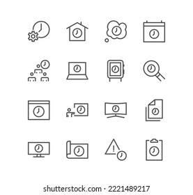 Set of timer and clock icons, date, working, schedule, date settings, meeting and linear variety vectors.
