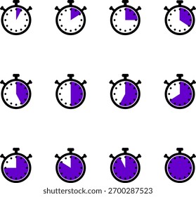Um conjunto de ícones de relógio de temporizador mostrando hora, cronômetro e contagem regressiva, perfeito para projetos de gerenciamento de tempo e produtividade.
