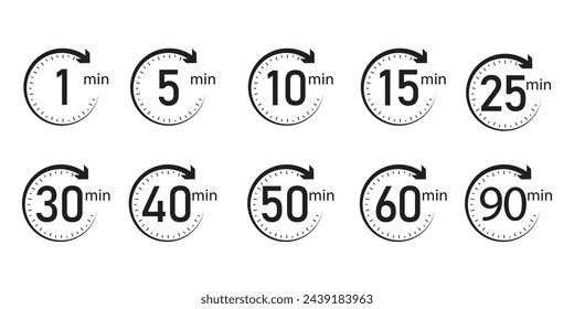 set of timer Timer, clock, stopwatch isolated set icons. Kitchen timer icon with different minutes. 1, 5, 10, 15, 20, 25, 30, 40, 50, 60, 90, min. Cooking time symbols. Great design for any purposes.