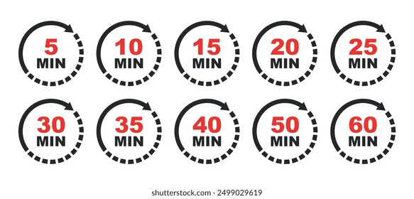 Set of timer. Countdown clock timer. Minutes counting collection. 5, 10, 15, 20, 25, 30, 35, 40, 50, 60 minutes vector illustration. 