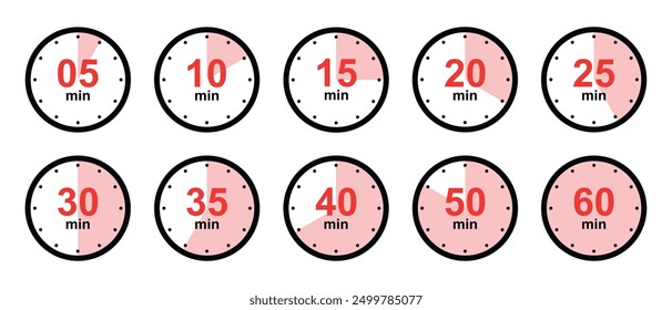 Set of timer. Countdown clock timer. Minutes counting collection. 5, 10, 15, 20, 25, 30, 35, 40, 50, 60 minutes vector illustration. 