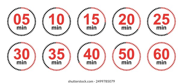 Set of timer. Countdown clock timer. Minutes counting collection. 5, 10, 15, 20, 25, 30, 35, 40, 50, 60 minutes vector illustration. 