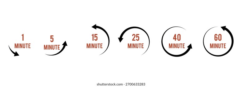 Conjunto de temporizadores. Temporizador de relógio de contagem regressiva. Minutos contando a coleção. 1,5,15,25,40,60 minutos . Minimalista contagem circular ícones temporizador . eps 10 
