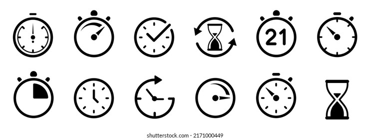 Set of timer icon set. Timer icon collection. Symbol timer. Countdown timers. Stopwatch symbol. Fast time icon. Circle arrow icon. Vector illustration