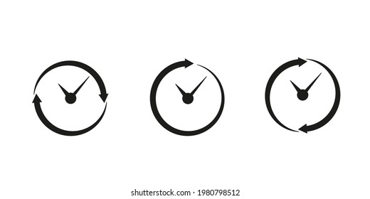 Set timer icon, hour time with arrows and circle watch. Service 24 hours day. Deadline concept. Open around clock. Vector sign