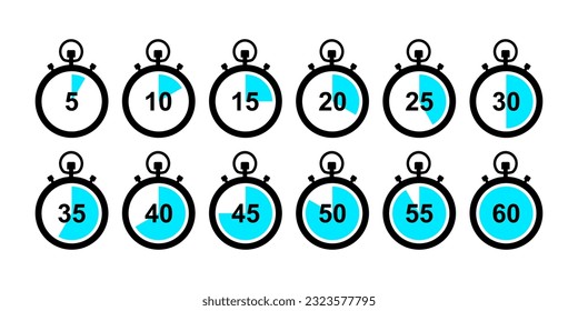 Set of timer icon. Stopwatch. Clock, time. Countdown. Set of icons with different time. Chronometer, timer sign. Flat illustration of stopwatch vector icon for web design. Vector illustration