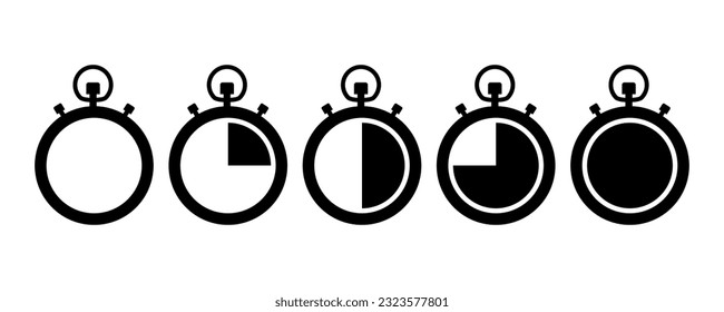 Set of timer icon. Stopwatch. Clock, time. Countdown. Set of icons with different time. Chronometer, timer sign. Flat illustration of stopwatch vector icon for web design. Vector illustration