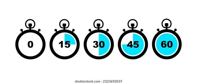 Set of timer icon. Stopwatch. Clock, time. Countdown. Set of icons with different time. Chronometer, timer sign. Flat illustration of stopwatch vector icon for web design. Vector illustration