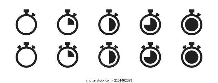 Set of timer. Timer icon set. Vector isolated illustration. Countdown icons. Stopwatch symbol collection. EPS 10.