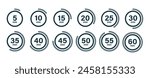 Set of timer icons, clock symbols, stopwatch signs. Cooking time icons. Five, ten, twenty, thirty, forty, fifty minutes interval. Time interval. Vector illustration.