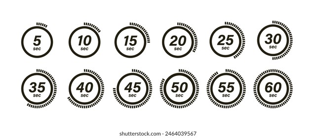 Set of timer icons, clock symbols, stopwatch signs. Cooking time icons. Five, ten, twenty, thirty, forty, fifty minutes interval. Time interval. Vector illustration.