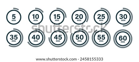 Set of timer icons, clock symbols, stopwatch signs. Cooking time icons. Five, ten, twenty, thirty, forty, fifty minutes interval. Time interval. Vector illustration.