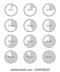 A set of timer icons. Countdown symbols collection from 5 to 60 minutes. Design templates isolated on white background. Vector illustration 
