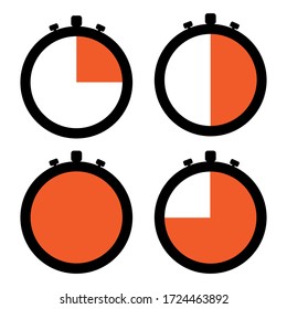 Set of timer icons with different readings. Timer icons on a white background with an orange time indicator. Vector illustration. Stock Photo.