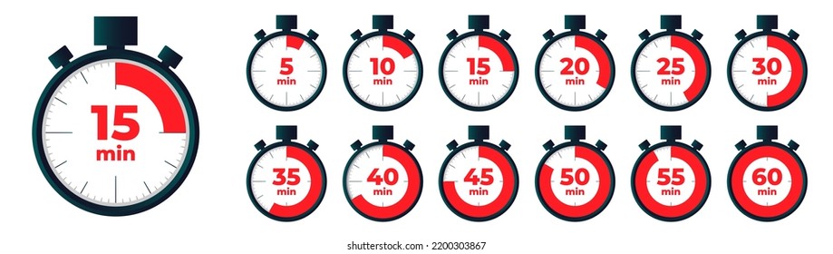 Set of timer icons, sign, symbol. Stopwatch isolated set icons. Time from 5 minutes to 1 hour. Vector illustration. EPS 10. Vector illustration