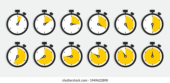 Set of timer icons. Stopwatch with countdown minutes. Clock, time and digital timers. Sport watch. Vector illustration.